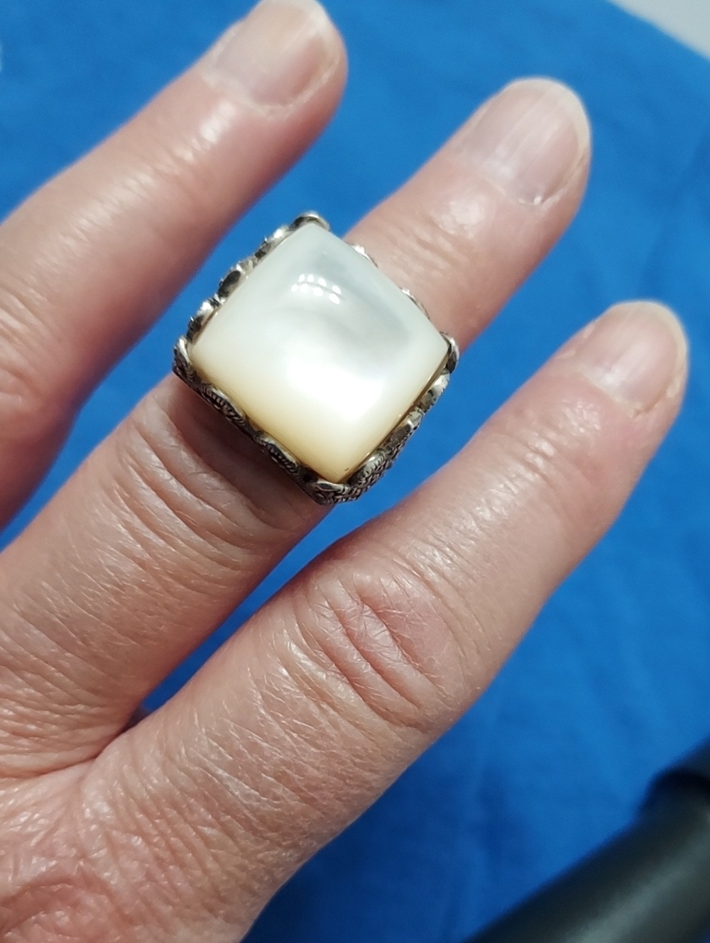 925 Sterling Square Cabochon Statement Ring - Mother Of Pearl And Marcasite